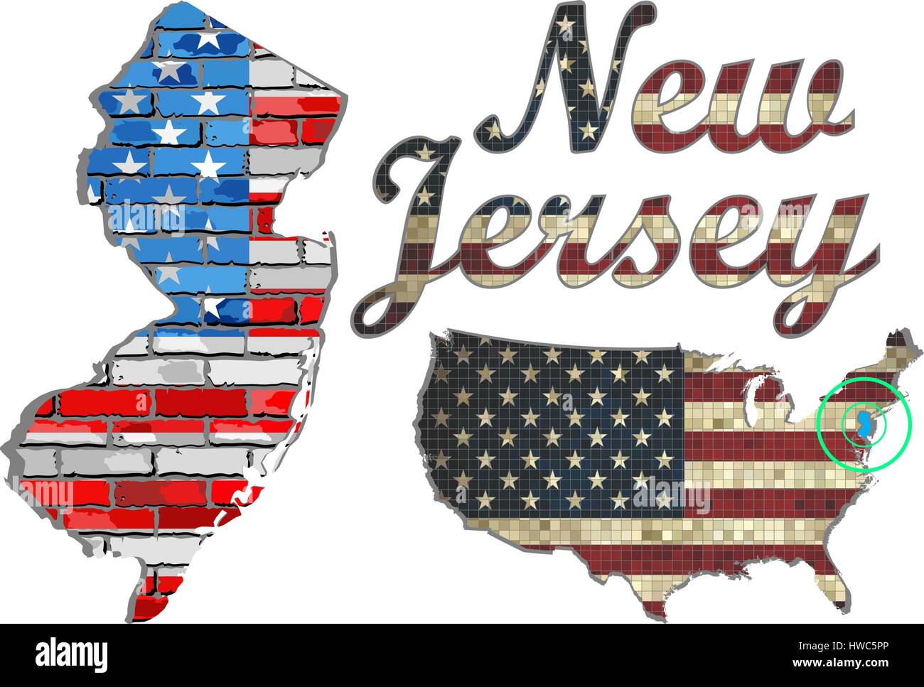 Stati Uniti d'America stato del New Jersey su un muro di mattoni - Illustrazione, Font con gli Stati Uniti bandiera Illustrazione Vettoriale
