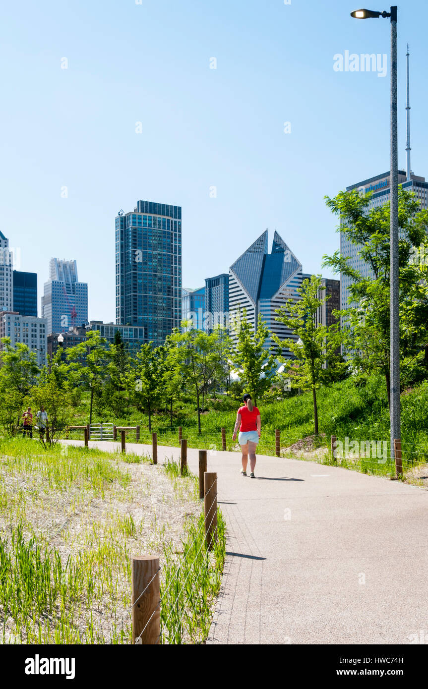 La gente che camminava su un percorso di Grant Park nel quartiere di loop di Chicago Foto Stock