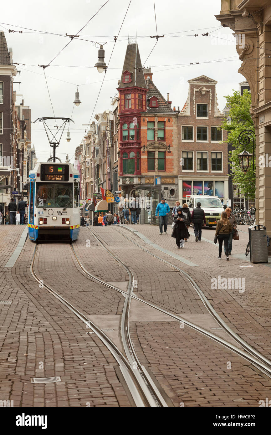 Leidestraat, una strada in Amsterdam, Paesi Bassi. Un avvicinamento tram con gli acquirenti locali. Foto Stock