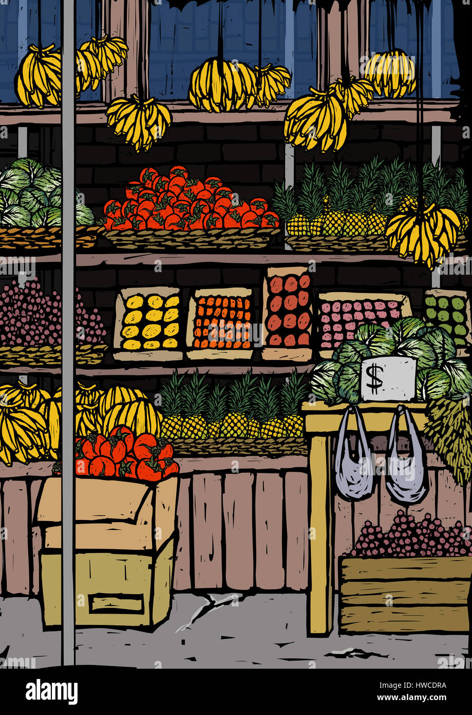 Assortimento,banana,basket,immagine a colori,computer graphic,cassa,giorno,frutta,cartone di frutta,uva,immagine,generati digitalmente immagine,computer grafica,graphics,clip art,mango,mercato,stallo del mercato,nessuno,all'aperto,l'ananas,prezzo,vettore verticale,,anguria,choice,cibo Foto Stock
