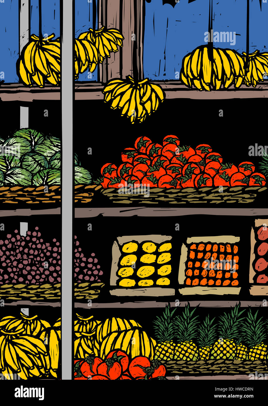 Assortimento,banana,basket,immagine a colori,computer graphic,cassa,giorno,frutta,frutta,cartone,d'uva appeso,mucchio,immagine,generati digitalmente immagine,computer grafica,graphics,clip art,mango,mercato,stallo del mercato,nessuno,all'aperto,l'ananas,vettore verticale,,anguria,choice,cibo e Foto Stock