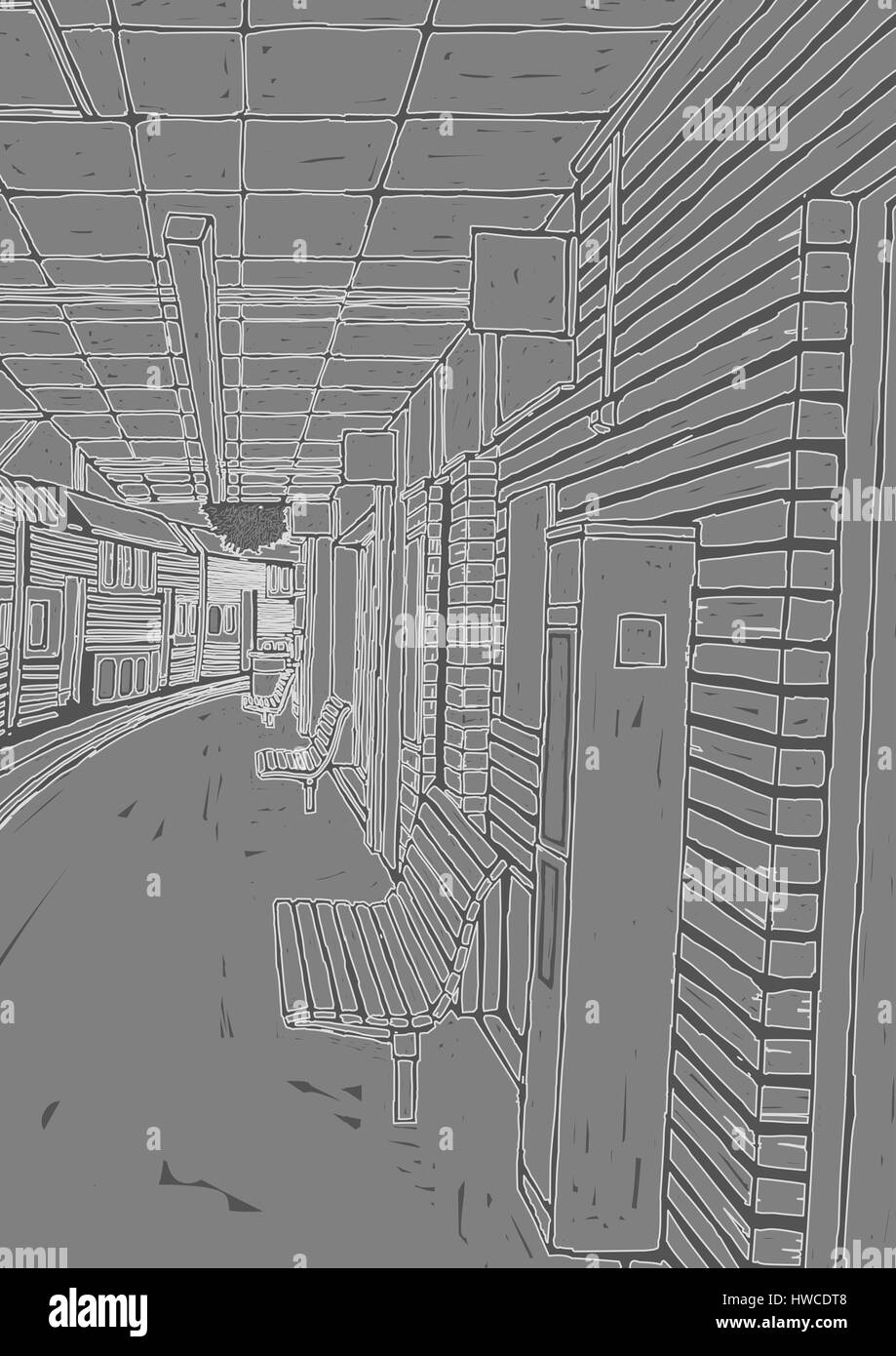 Panca,bianco e nero,soffitto,computer graphic,vuota,immagine,generati digitalmente immagine,computer grafica,graphics,clip art,all'interno,modalità di trasporto,nessuno,railroad Foto Stock