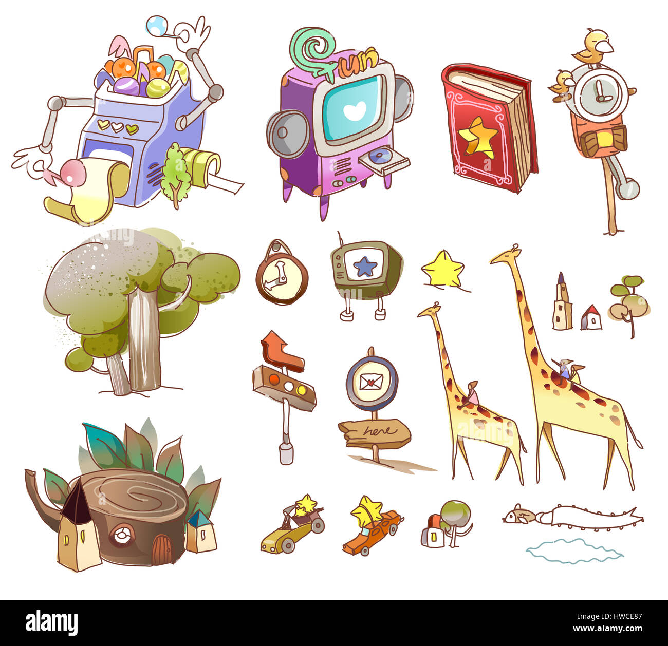 Sveglia,temi animali,antenna,l'architettura,disposizione,segno di freccia,banner,bizzarro,vuoto,prenota,costruzione,esterno dell'edificio,struttura costruita,auto,lettore cd,l'orologio,collage,raccolta,immagine a colori,comunicazione,compact disc,concetto,creatività,direzione,display,busta,pesce,vista frontale,giraffe,guida,orizzontale,Casa,umorismo,idee, illustrazione Foto Stock