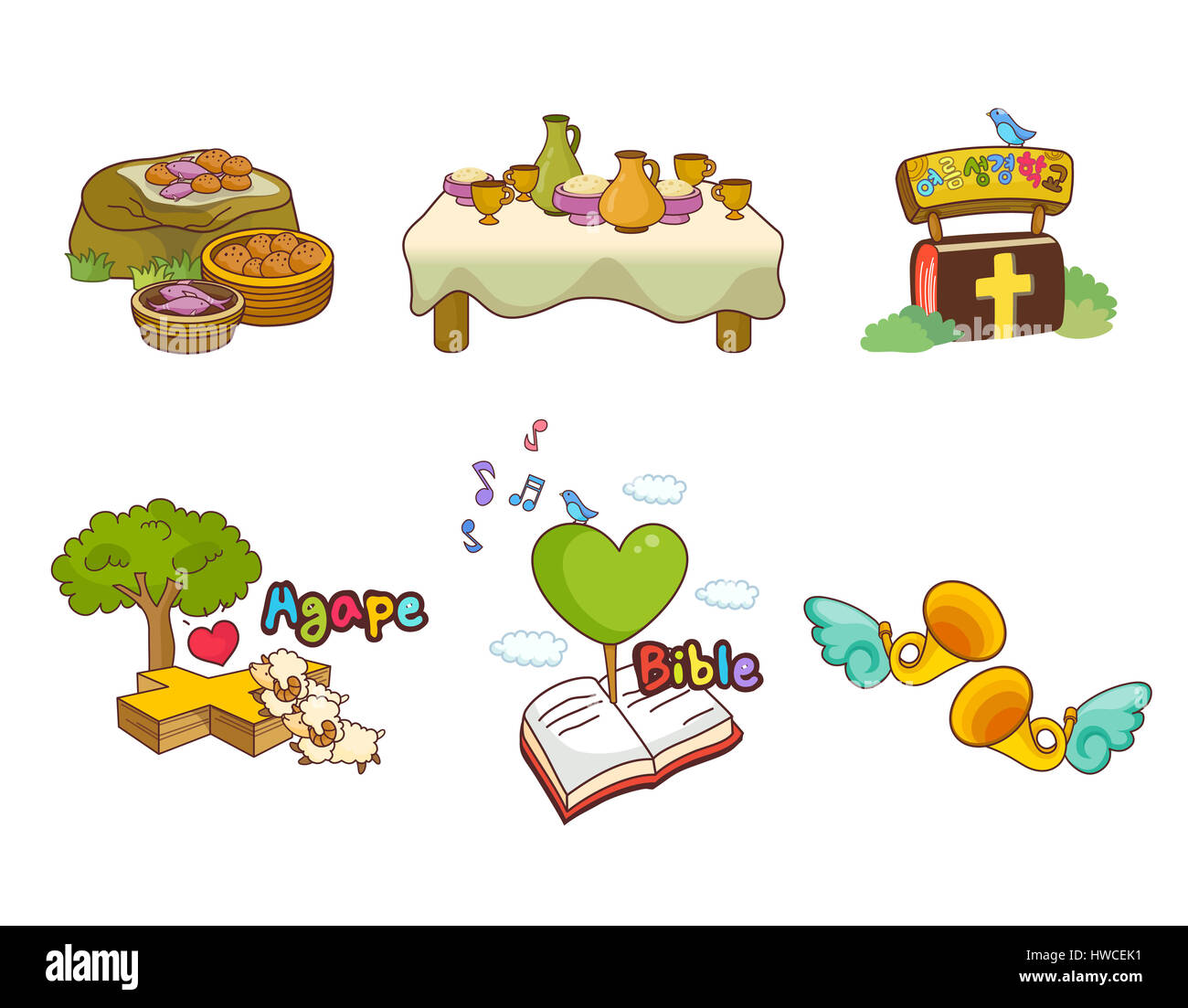 Agape,animale temi,disposizione,arte cultura e intrattenimento,basket,la bibbia,bird,bizzarro,prenota,il cristianesimo,il cristianesimo,raccolta,immagine a colori,concetti,creatività,raffigurazione,display,Animali domestici,l'istruzione,pesce,battenti,cibo e bevande,vista frontale,l'erba,il pascolo,copertina rigida Foto Stock