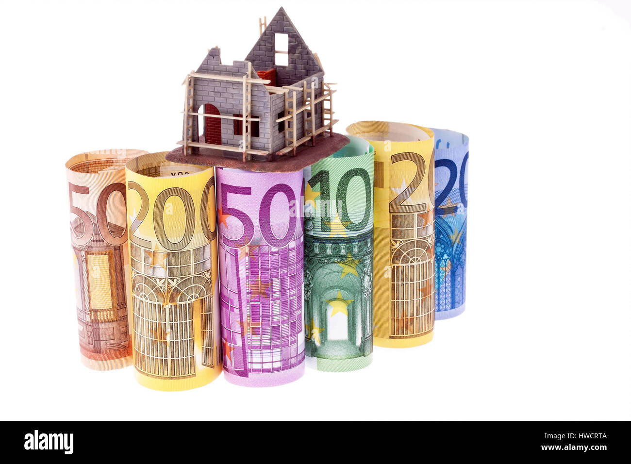 Shell house e euro-banconote, Rohbau Haus und Euro-Geldscheine Foto Stock