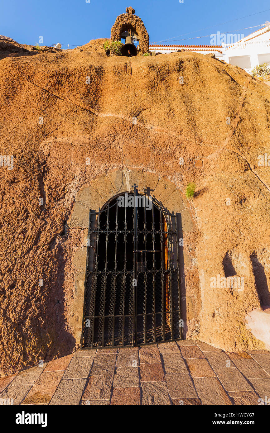 Grotta Cappella in Artenara. Artenara, Gran Canaria, Isole Canarie, Spagna. Foto Stock