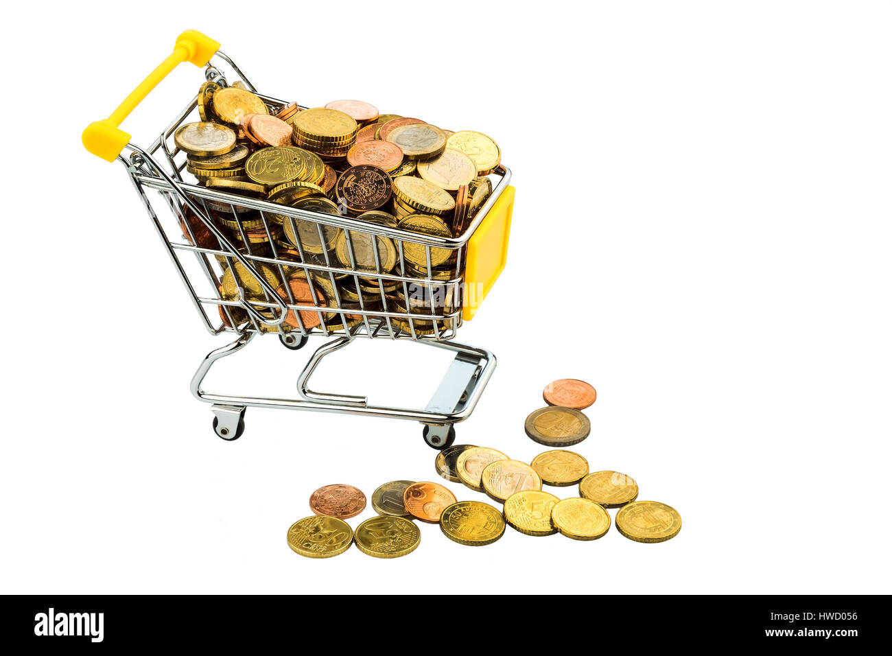 Un carrello è riempito con eurocoin, Ein Einkaufswagen ist mit Euromuenze gefuellt Foto Stock