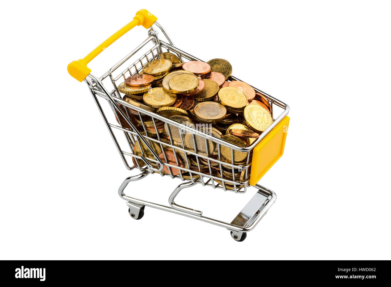 Un carrello è riempito con eurocoins, foto simbolico per il potere di acquisto, i tassi di inflazione e di consumo, Ein Einkaufswagen ist mit Euromuenzen gefuellt, Foto Stock