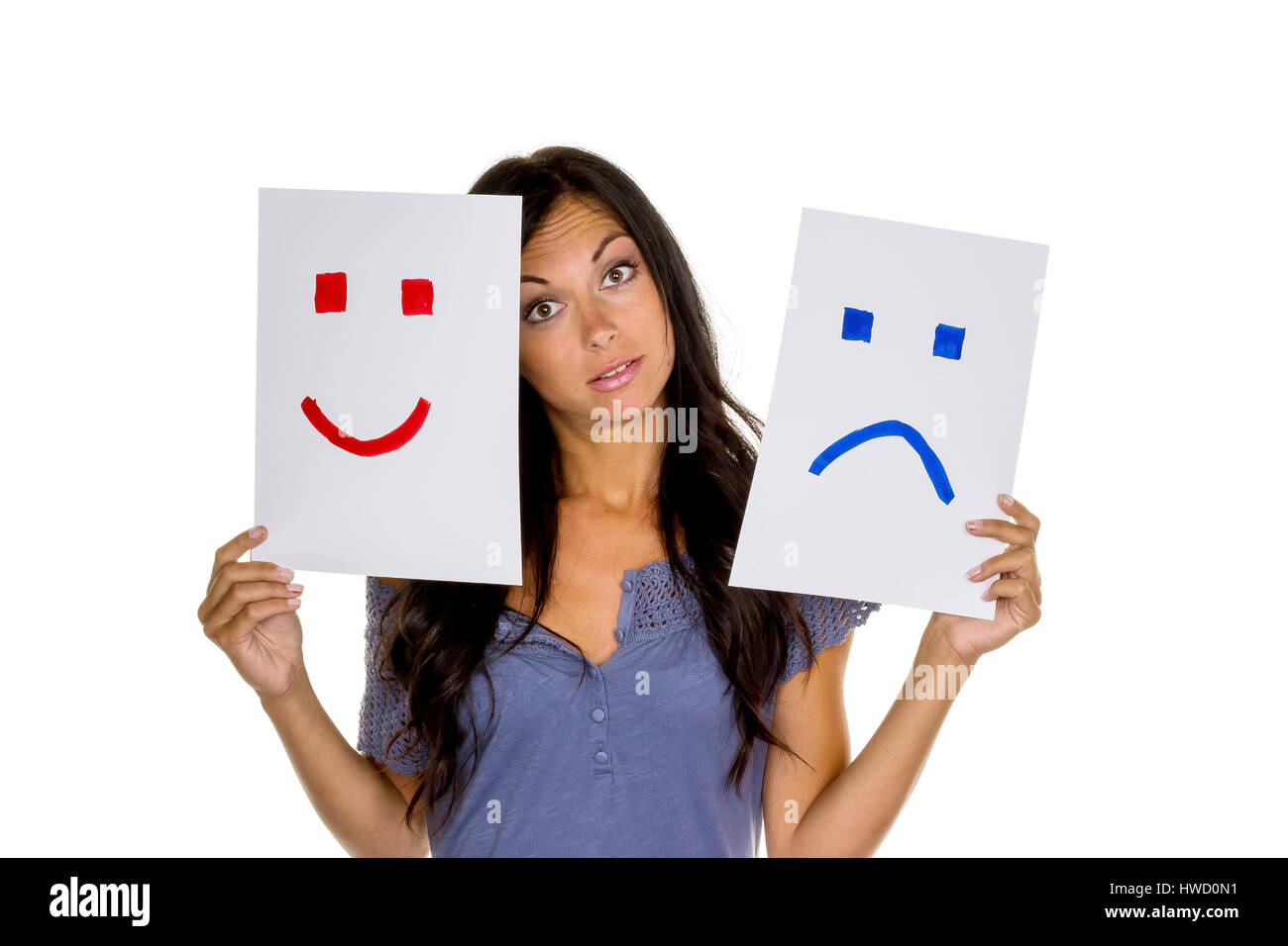 Una donna non può decidere se lei dovrebbe piangere o ridere, Eine Frau kann sich nicht entscheiden ob sie weinen oder lachen soll Foto Stock