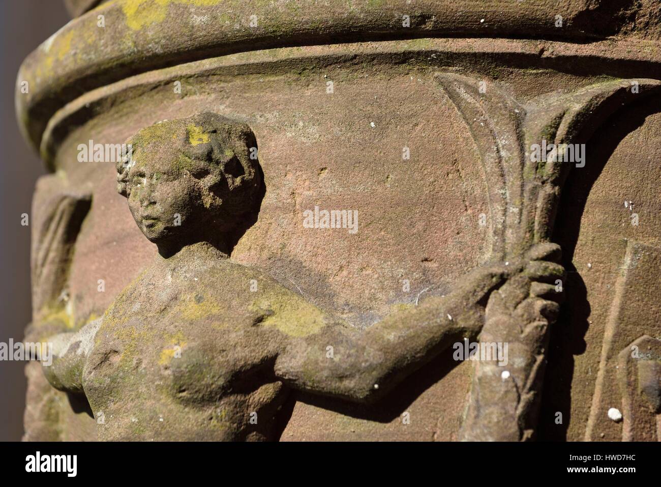 Francia, Territoire de Belfort, Belfort, Place de la petite Fontaine e Grand Rue, la fontana datata 1617-1953, colonna arenaria mermaid con due code Foto Stock