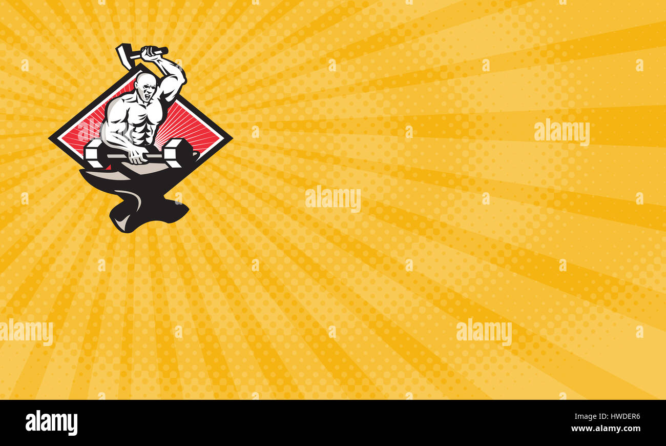 Business card mostra illustrazione di un fabbro con un martello la fucinatura colpisce un barbell dumbbell sul set di incudine interno a forma di diamante fatto rétro sty Foto Stock