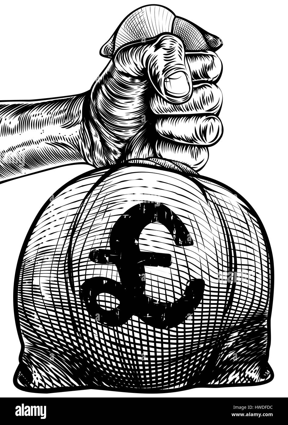 Mano che tiene un sacco di tela o sacco di denaro in un inciso o inciso legno taglio vintage stile retrò con un segno di cancelletto Foto Stock