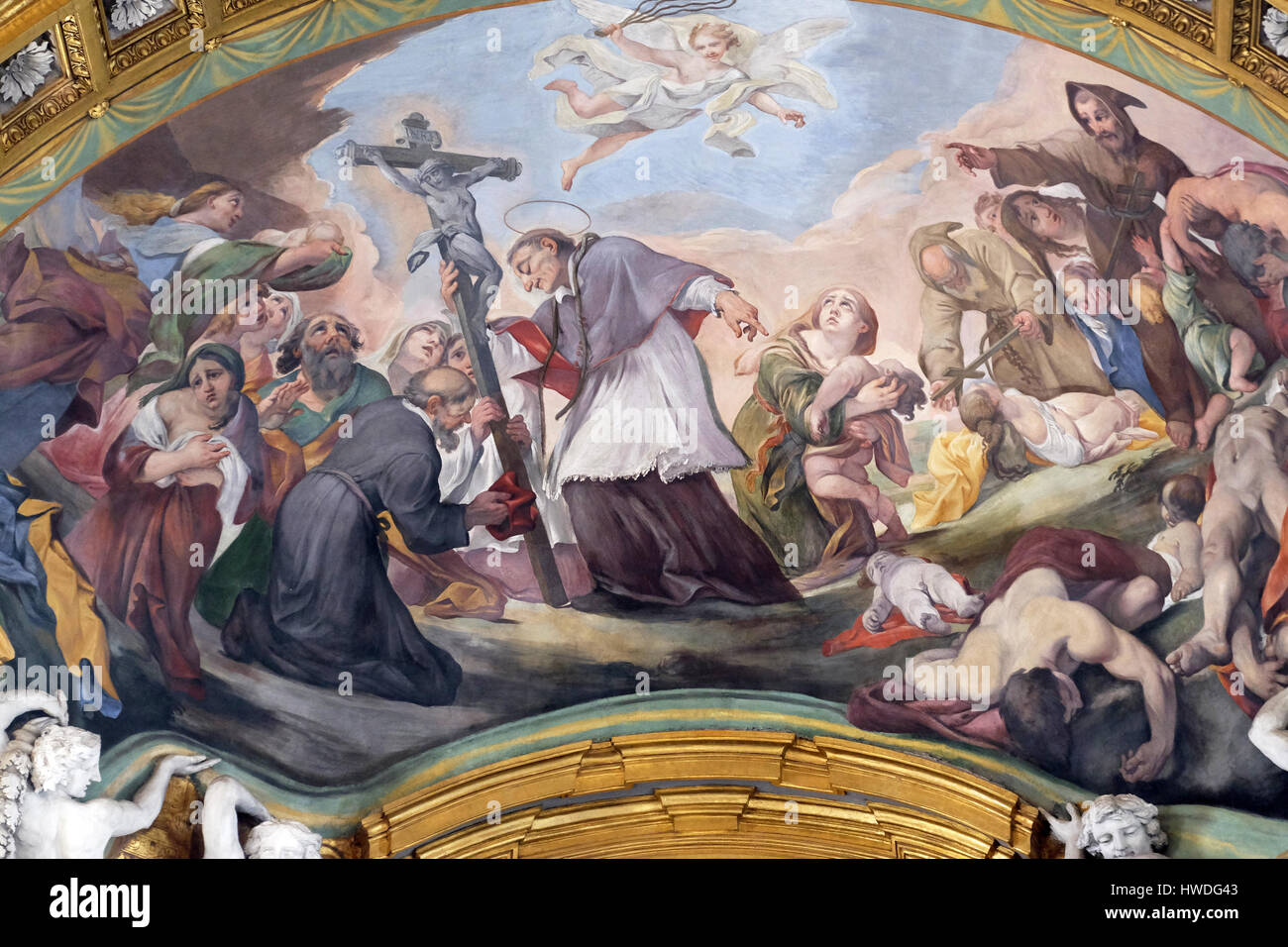 San Carlo Borromeo di lotta contro la peste di Pietro da Cortona nella Basilica dei Santi Ambrogio e Carlo al Corso, Roma, Italia Foto Stock