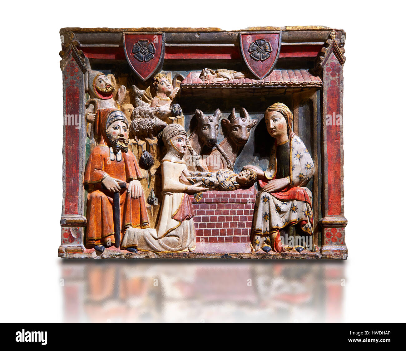 Dipinto gotico bassorilievo della Natività da master di Albesa. Museo Nazionale di Arte Catalana di Barcellona, Spagna, inv n.: 017342-000 Foto Stock