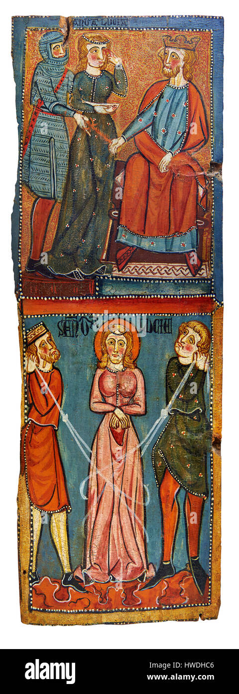 Dipinti in stile gotico di pannelli di legno con le scene del martirio di Santa Lucia circa 1300. . Museo Nazionale di Arte Catalana di Barcellona Foto Stock