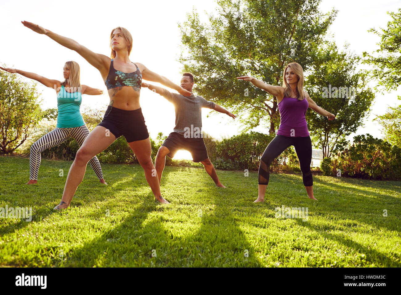 Maschio e femmina adulti a praticare yoga nel parco, nella posizione del guerriero 1 pongono Foto Stock