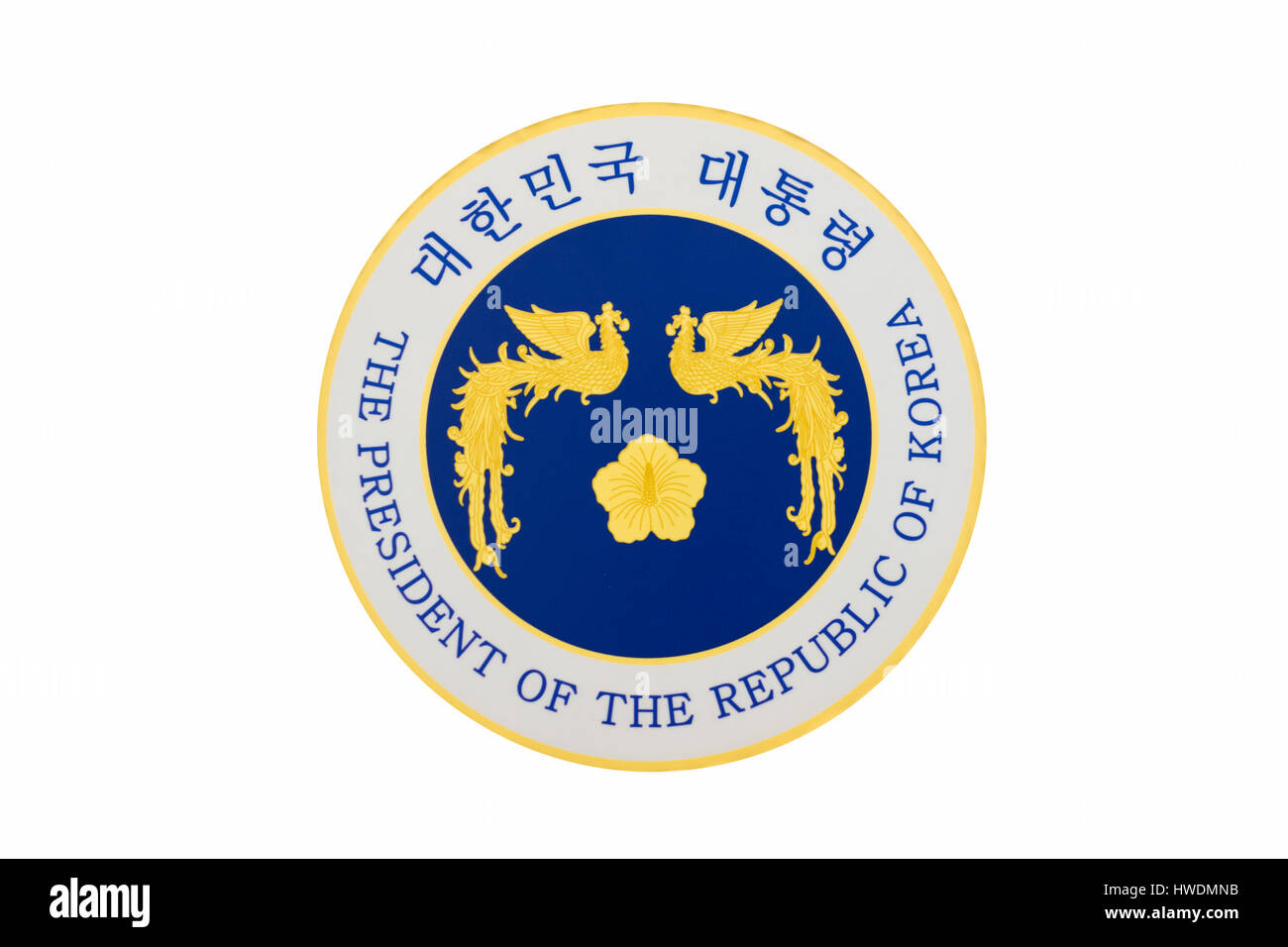 L'emblema del presidente della Repubblica di Corea (Corea del Sud), con l'inglese e coreano descrizioni. Foto Stock