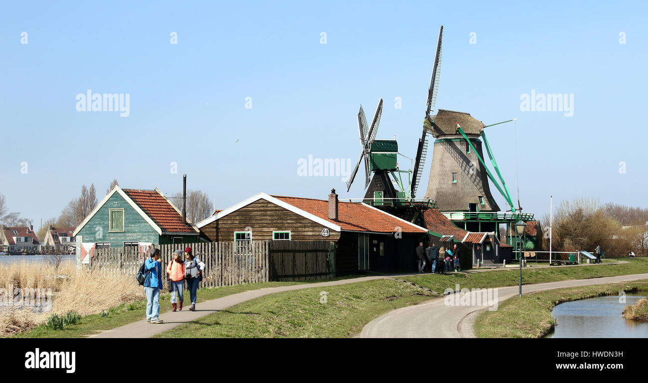 Zaanse Schans, Zaandam/Zaandijk, Paesi Bassi. Segheria Het Klaverblad (Il Clover Leaf) & tardo secolo17th frantoio De Bonte Hen (notato Hen) Foto Stock