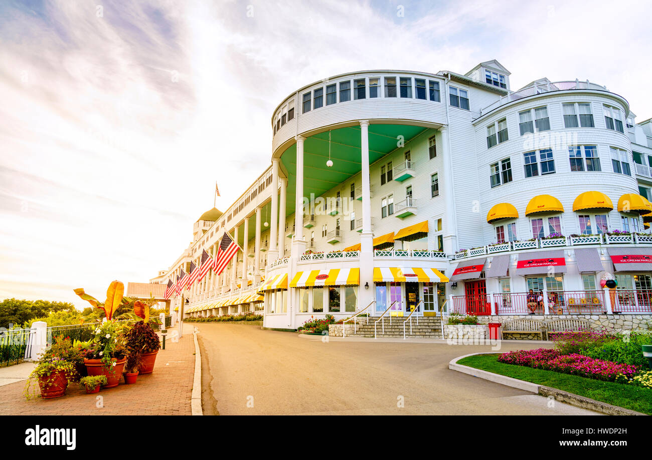 Isola di Mackinac, Michigan, 8 Agosto 2016: Grand Hotel sull isola di Mackinac, Michigan. L'hotel è stato costruito nel 1887 e designato come uno stato storico Foto Stock