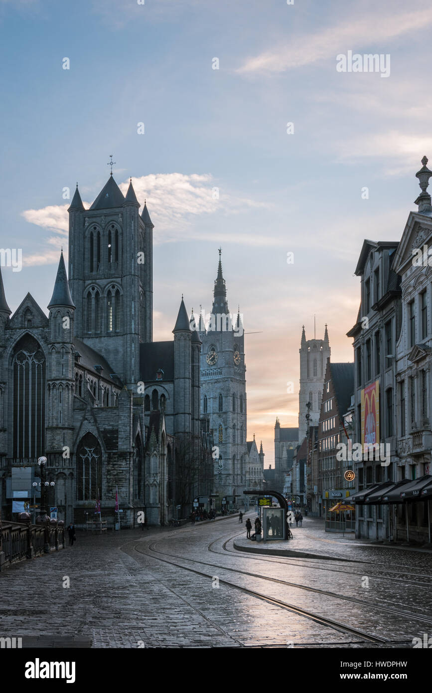 Gand quartiere medievale all'alba Foto Stock