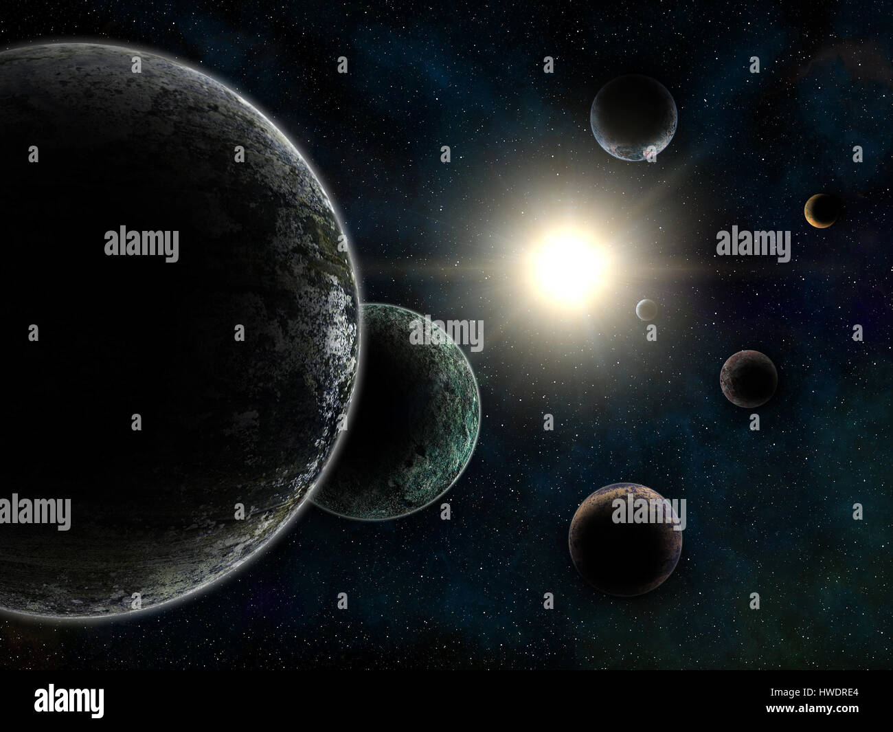 3D render di Unreal Trappist-1 sistema exoplanets Foto Stock