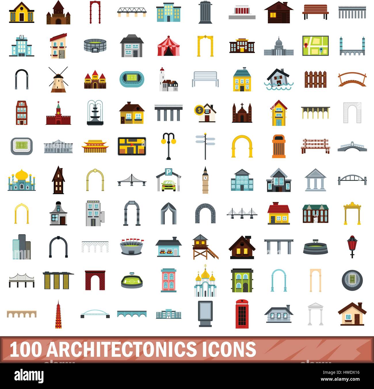 100 architectonics set di icone di stile di Piana Illustrazione Vettoriale