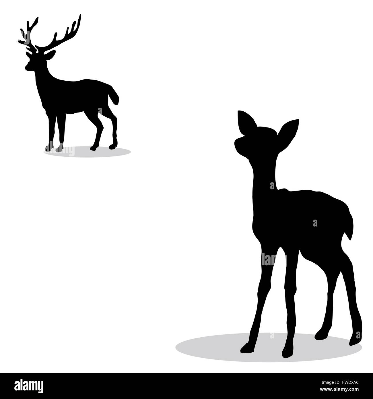 Silhouette Nero Cervo e fawn sfondo bianco Illustrazione Vettoriale