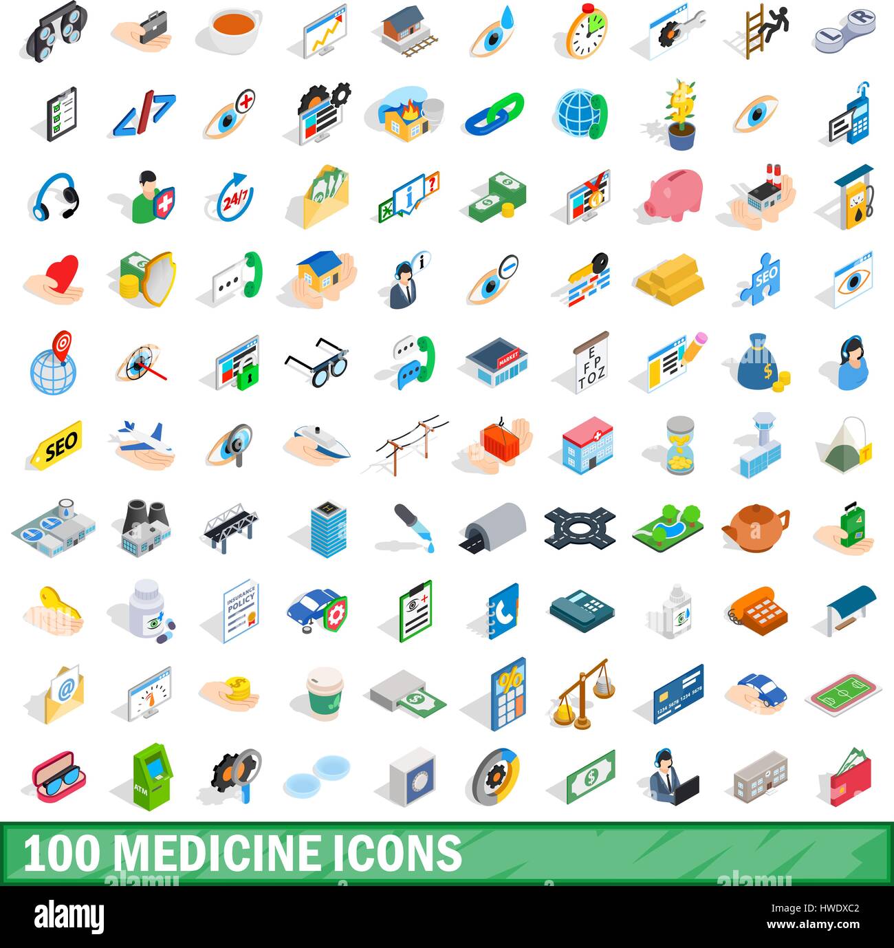 Medicina 100 set di icone isometrica 3d style Illustrazione Vettoriale