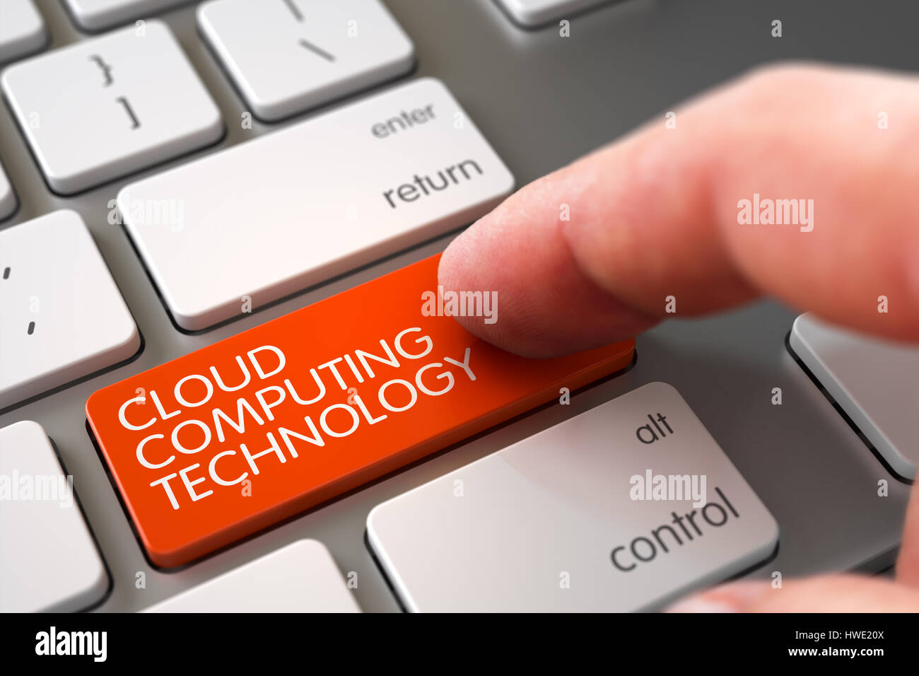 La mano di toccare la tecnologia di cloud computing chiave. 3d. Foto Stock