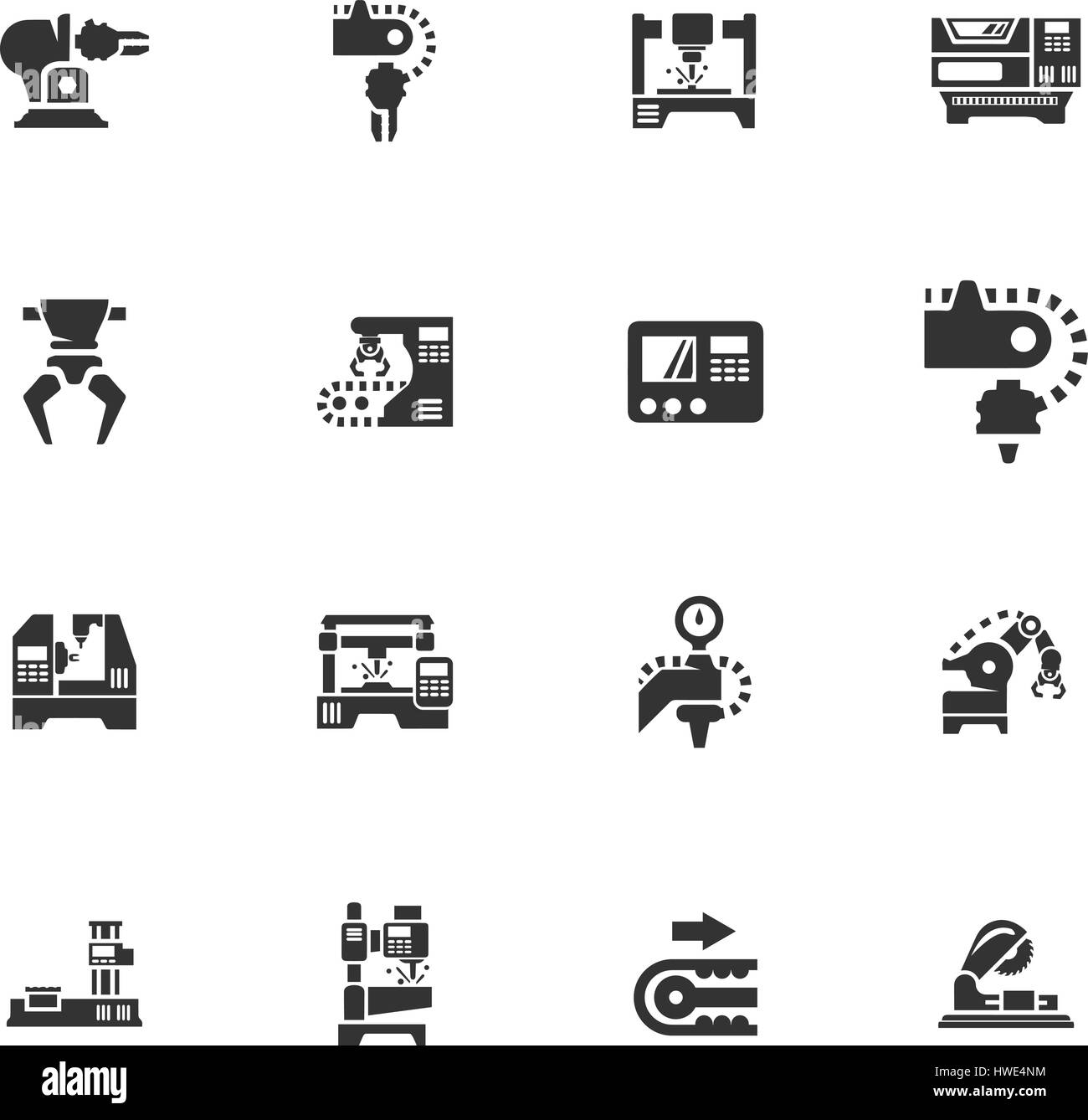 Vector machine tool set di icone. Il lavoro e la fabbrica di produzione, la tecnologia industriale, attrezzature costruzione illustrazione Illustrazione Vettoriale