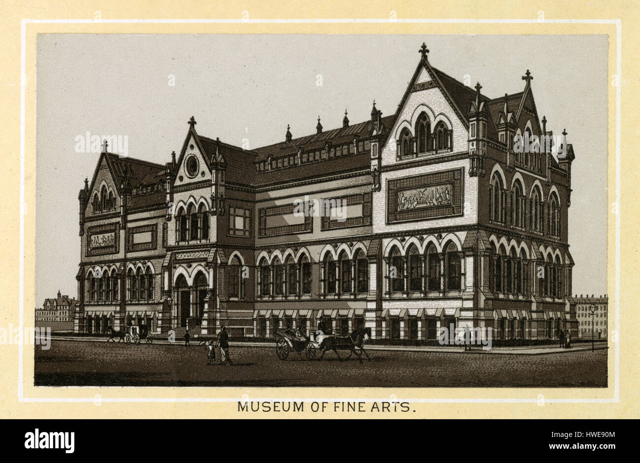 Antique 1883 stampa monocromatica da un album di souvenir, mostrando l'originale Museo delle Belle Arti edificio di Boston, Massachusetts. Il museo fu originariamente collocato in un modo altamente ornate di mattoni Revival gotico palazzo in Copley Square disegnato da John Hubbard Sturgis e Charles Brigham che è stato notato per il suo ammassato terrecotte architettoniche di un edificio americano. Stampato con il Glaser/Frey processo litografico, un multi-stone processo litografico sviluppato in Germania. Foto Stock