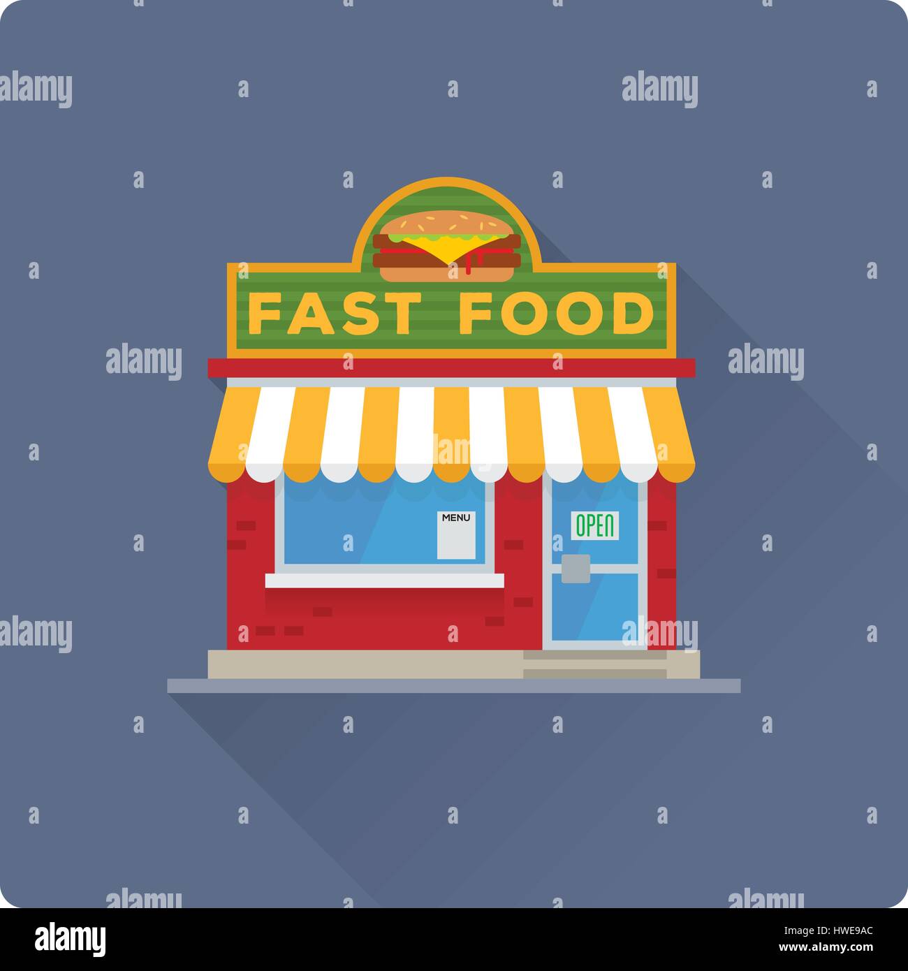 Design piatto lungo ombra piccolo ristorante fast food edificio illustrazione vettoriale Illustrazione Vettoriale