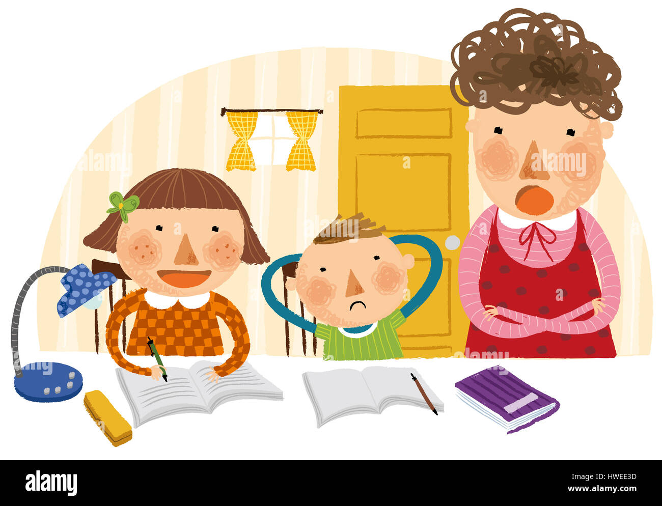 Madre,figlio,BOY,donna,femmina,interno,all'interno,piscina,ragazza,figlia,fratello e sorella,fratello,sorella,scrittura,felice,libri,prenota,nota prenota,gridando,lampada,studio,camera,porta finestra,lazy,lazy boy,clever,scala,preoccupare,preoccupato,l'insegnamento,studio,maestro,lezioni,l'istruzione,knowledge,casa lavoro,preoccupazione,idle,curtain,legame,abstract,adulto,animazione,l'arte,artwork,l'incollaggio,cartoon,cgi,bambino,l'infanzia,clip art,colorata,immagine a colori,computer grafica,creative,digital Foto Stock