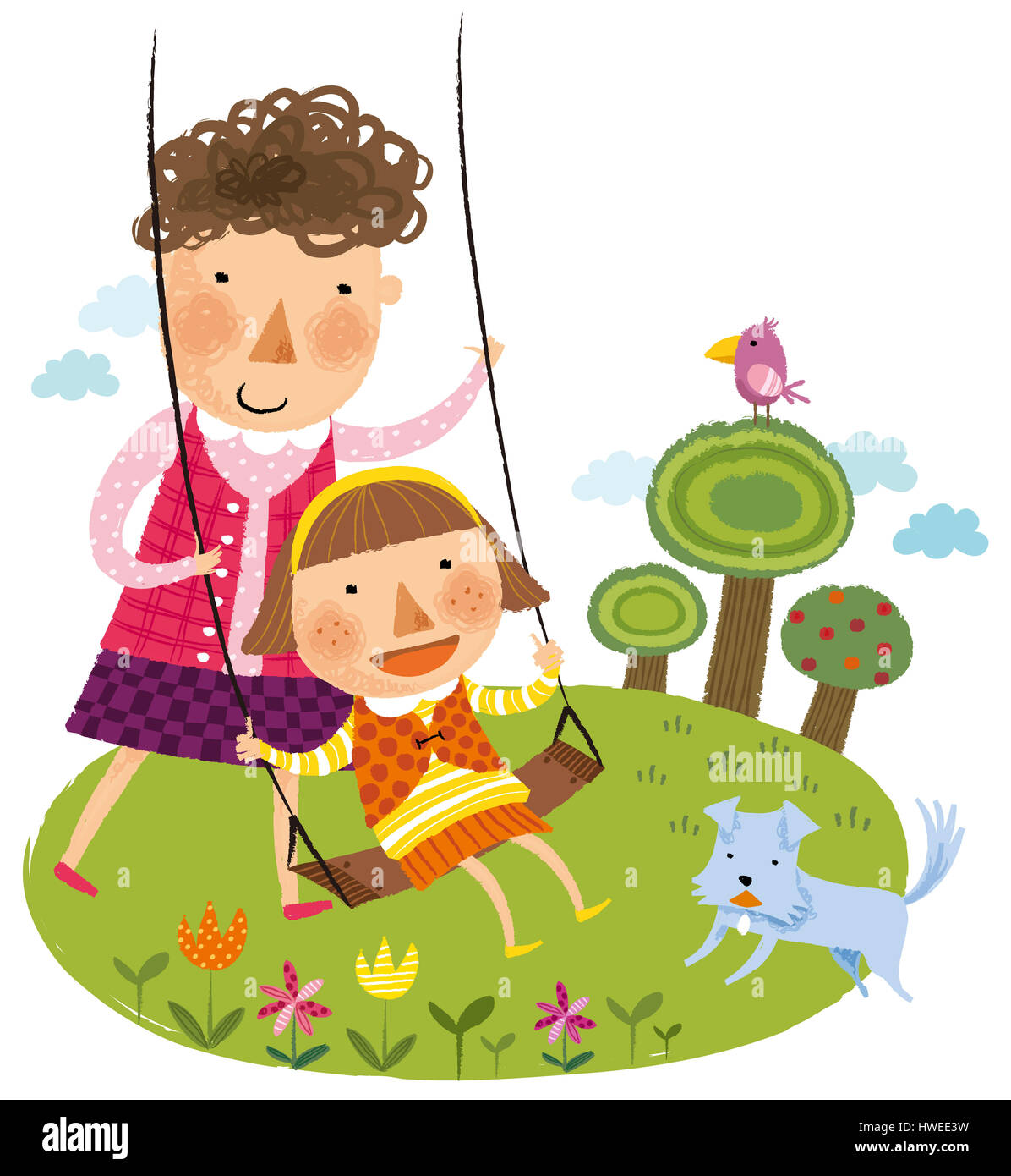 Madre,figlia,ragazza,donna,femmina,figlia,seduta,swing,giardino,parco,insieme,stare insieme,fiori,fiore,riproduzione,gioco,spostando, alberi tree,bird,gioia,godendo,dog,animale,cane animale,PET,animale domestico,legame,abstract,adulto,animazione,l'arte,artwork,l'incollaggio,cartoon,cgi,bambino,l'infanzia,clip art,colorata,immagine a colori,computer grafica,creative,l'arte digitale,tecnologia digitale,Disegno, umano,figura umana,uomo Foto Stock