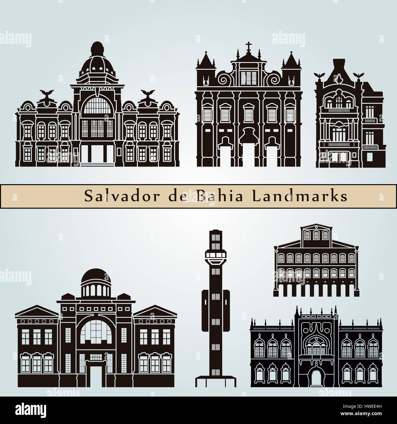 Salvador de Bahia monumenti e luoghi di interesse isolato su sfondo blu modificabile nel file vettoriale Foto Stock