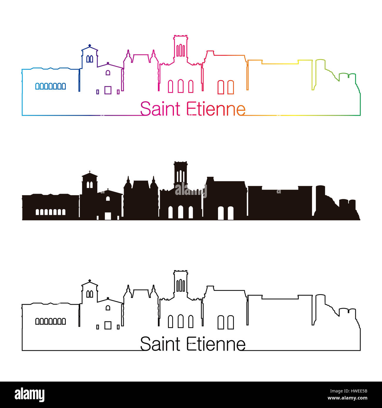 Saint Etienne skyline stile lineare con arcobaleno nel modificabile file vettoriali Foto Stock