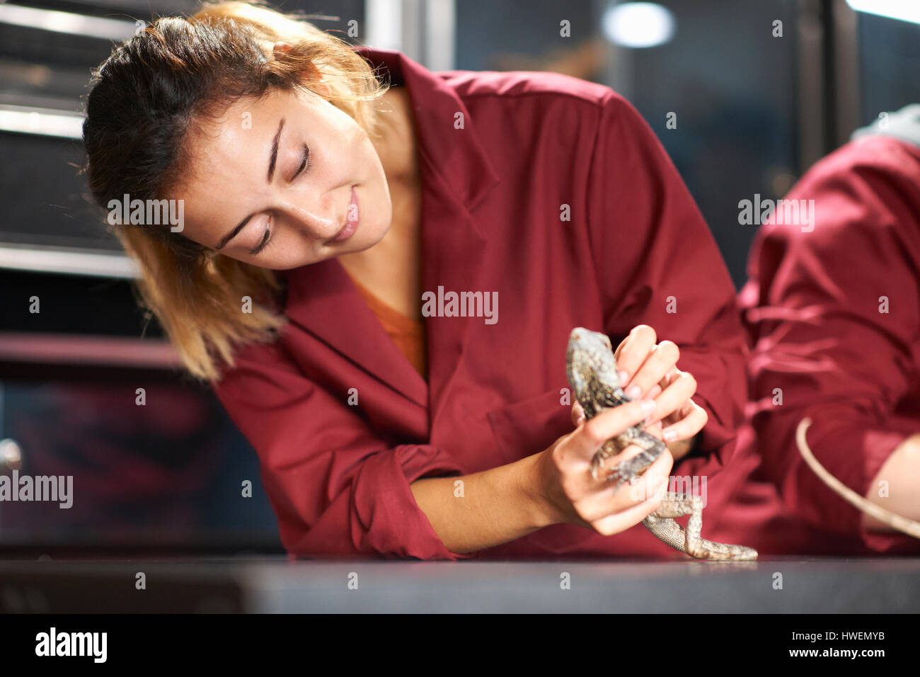 Collegio femminile studenti balza di movimentazione di colli in lucertola lab Foto Stock