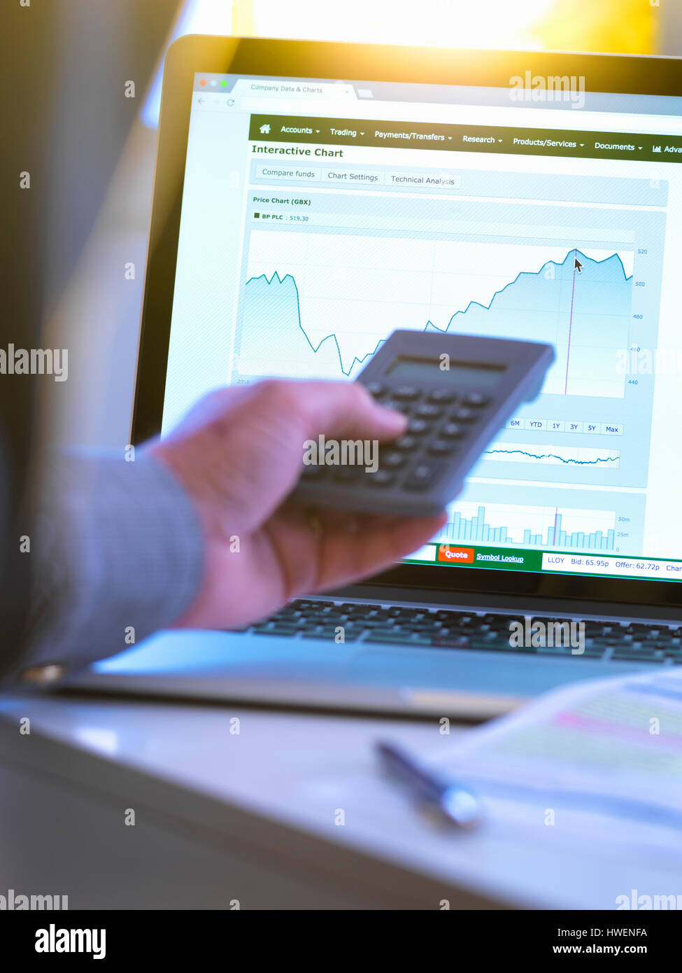 Visualizzazione degli investitori società quota di mercato prezzo dati su un computer portatile Foto Stock