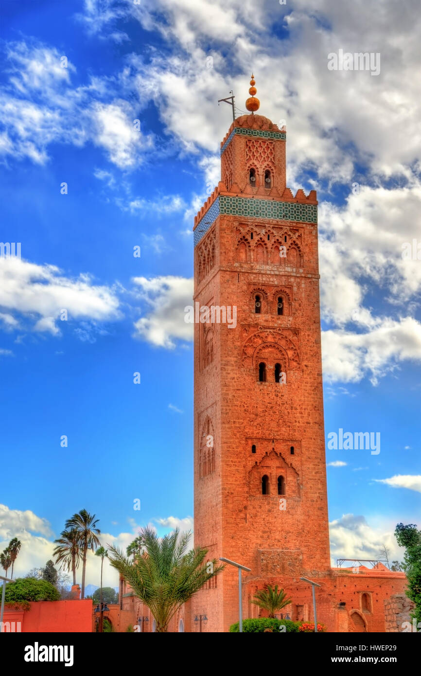 Minareto della Moschea di Koutoubia di Marrakech, Marocco Foto Stock
