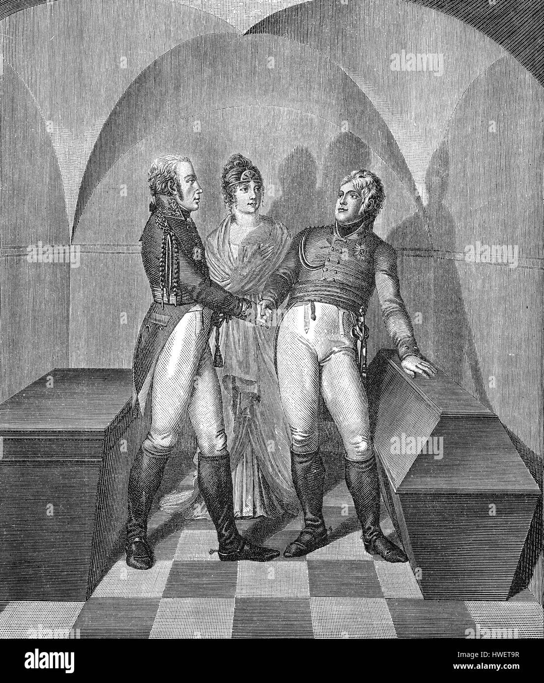 L'imperatore Alessandro I della Russia presso la tomba di Federico II di Svevia presso la chiesa Garrison a Potsdam, con Federico Guglielmo III di Prussia in presenza di Foto Stock