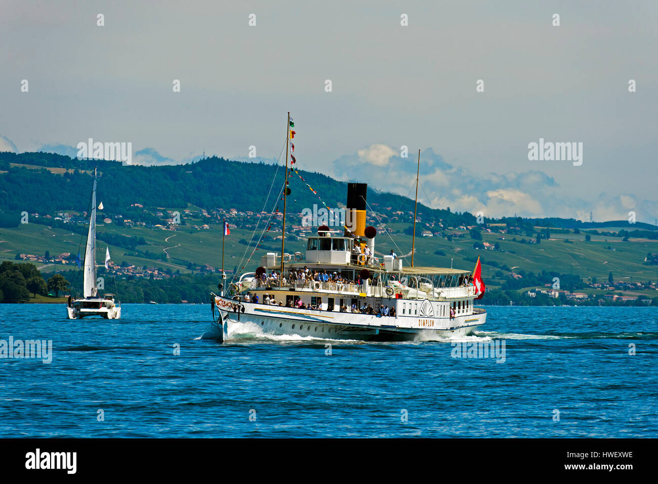 Ruota a palette vaporizzatore Simplon sul Lago di Ginevra, Ginevra, Svizzera Foto Stock