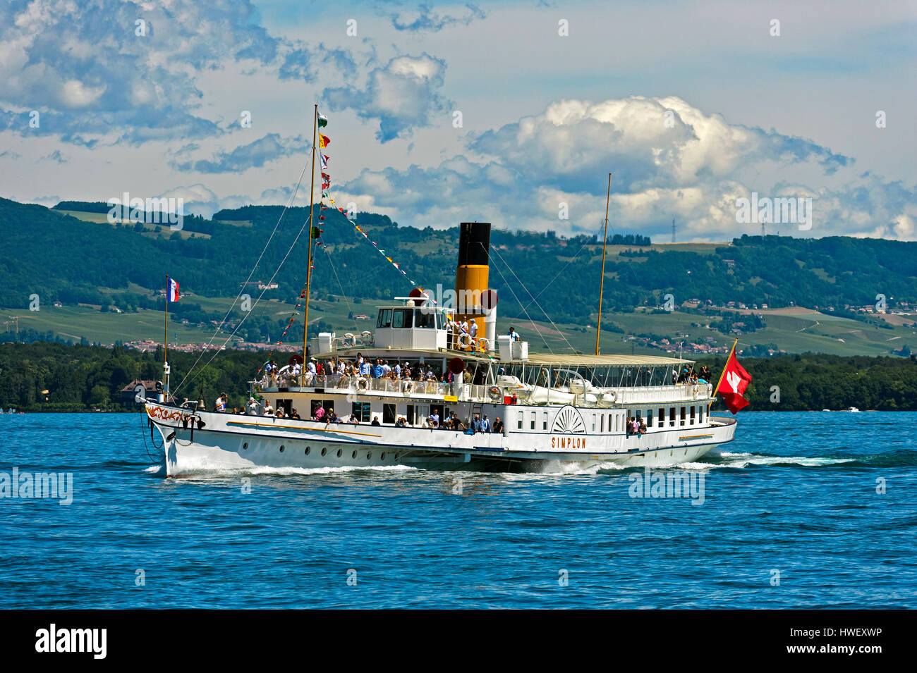 Ruota a palette vaporizzatore Simplon sul Lago di Ginevra, Ginevra, Svizzera Foto Stock
