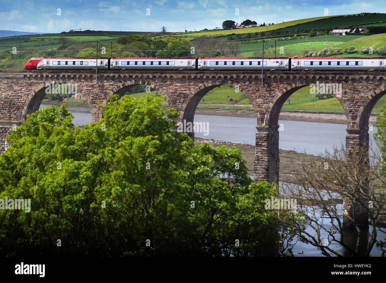 Il treno attraversa il confine reale ponte, Berwick-upon-Tweed Foto Stock