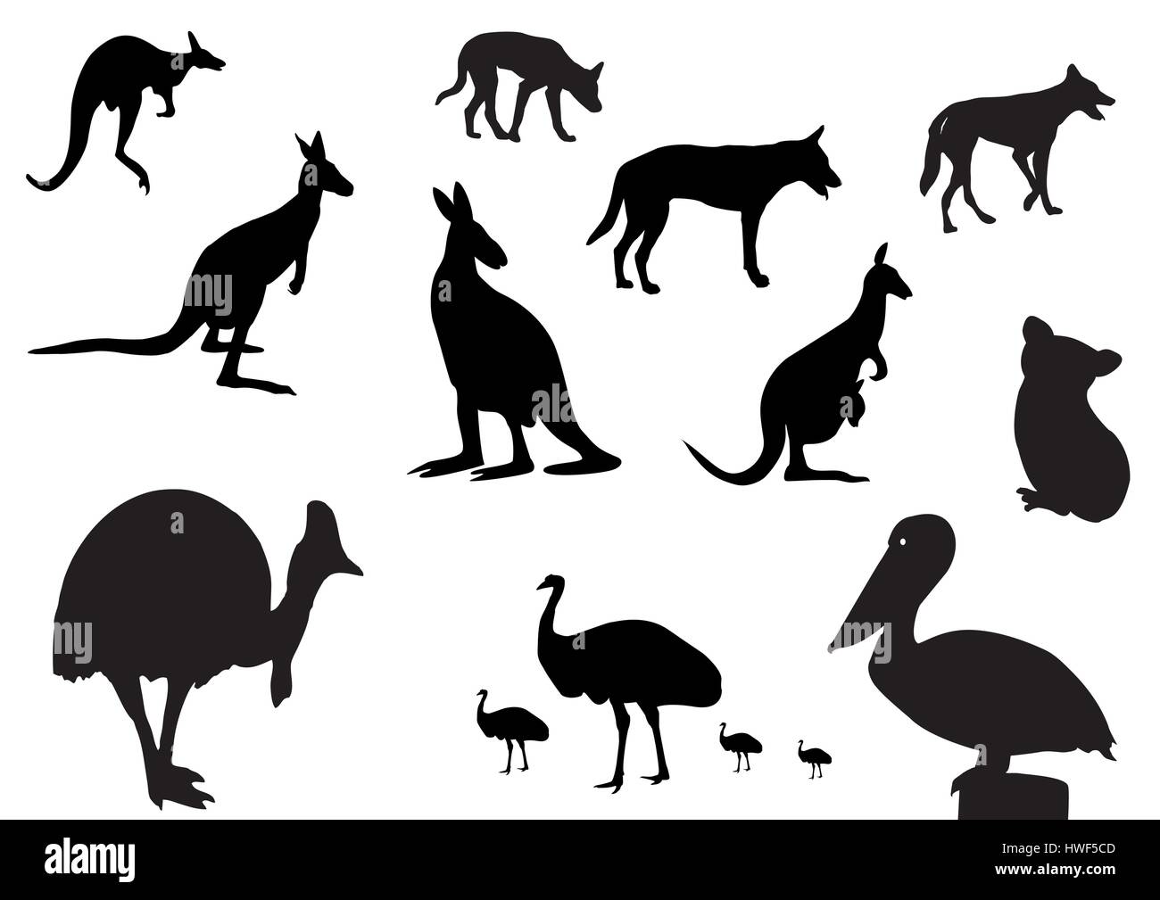 Diversi animali Australiani silhouette su sfondo bianco Illustrazione Vettoriale