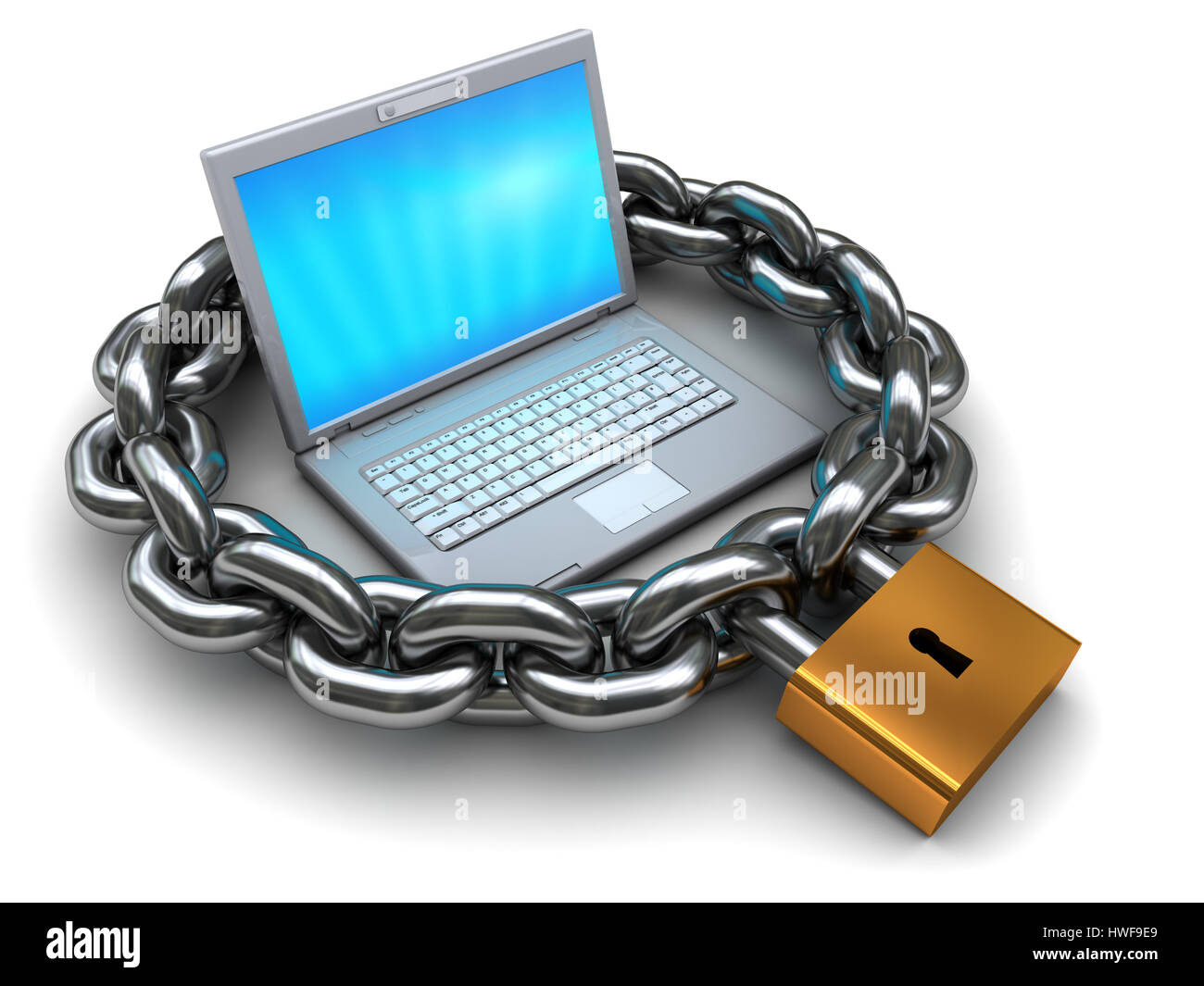 Abstract 3d illustrazione del laptop protetti da catena e lucchetto Foto Stock