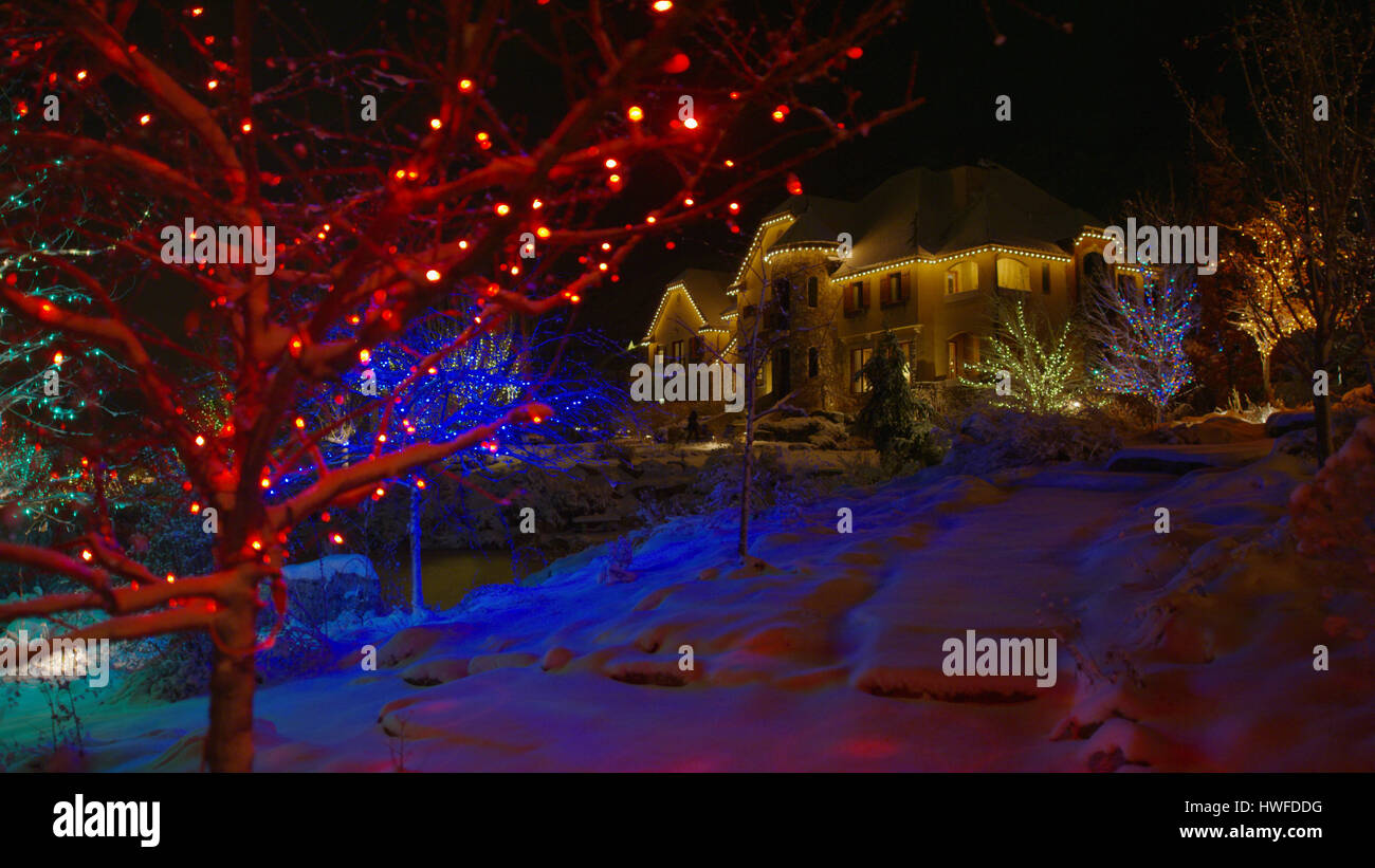 Albero di natale e casa decorata con luci illuminate su terreni innevati pendii suburbana di notte Foto Stock