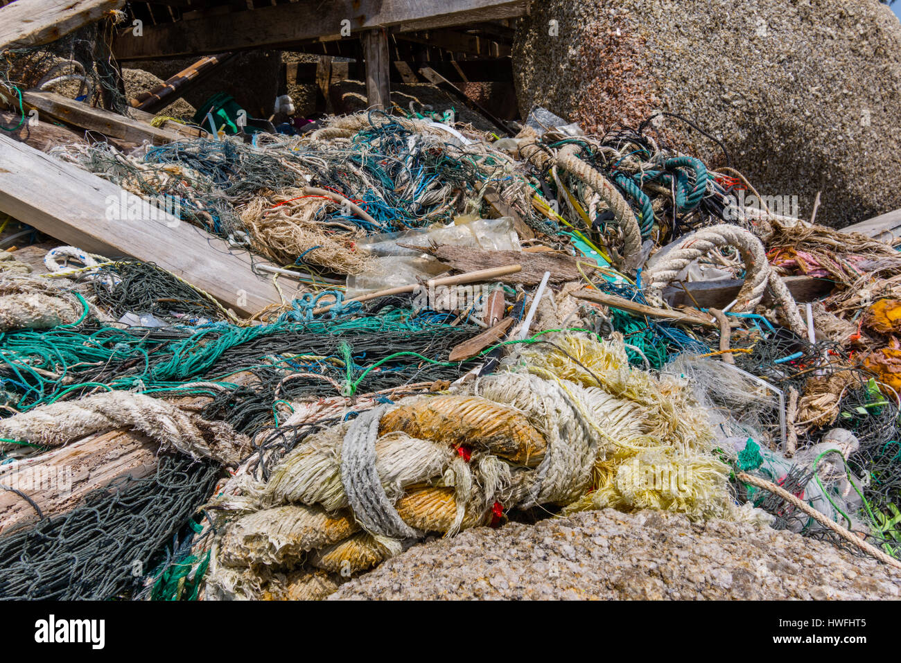 Inquinamento di plastica tra le pietre su una costa tropicale, immondizia, funi e corde. Haad Rin, Koh Pangan, Tailandia - 30 Aprile 2016 Foto Stock