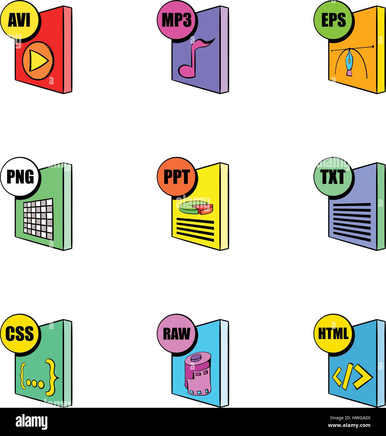 Formato di file di set di icone, stile cartoon Illustrazione Vettoriale