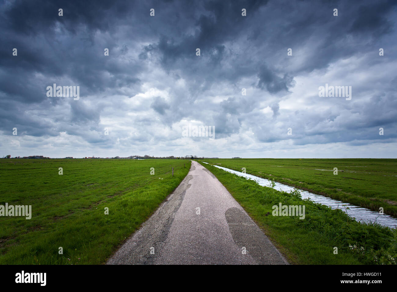 Strada con drammatica azzurro cielo nuvoloso ed erba verde nel freddo giorno di primavera. Fantastico paesaggio nei Paesi Bassi. La natura e la corsa dello sfondo. Strada rurale Foto Stock