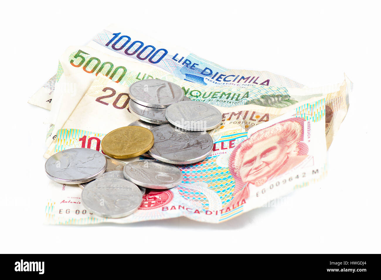 Banconote da Italia. Lira italiana e monete metalliche 10000, 5000, 2000, 1000. 100. 50. 20. 10. Foto Stock